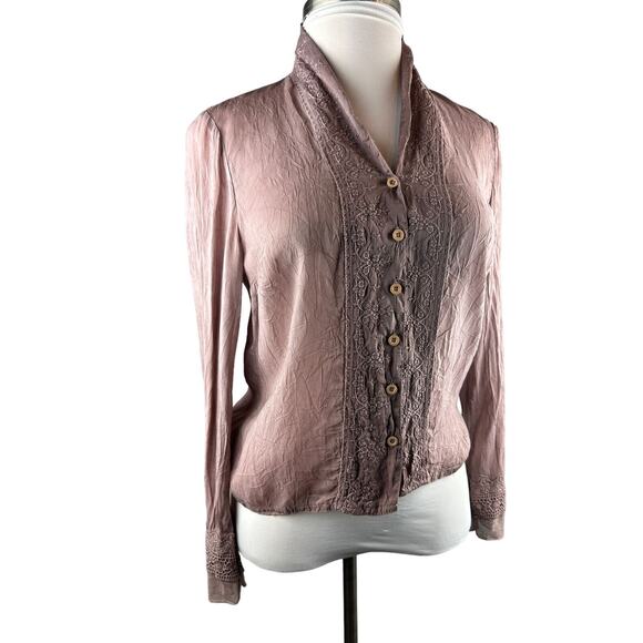 Johnny Was Embroidered Button Blouse Boho Crinkle Cotton Rayon Top Mauve Small - Picture 9 of 12